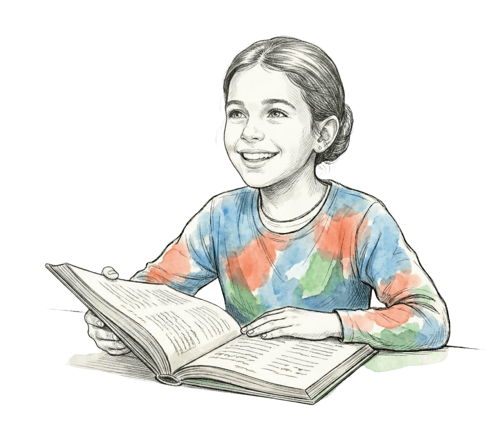 Girl smiling while reading a book with confidence